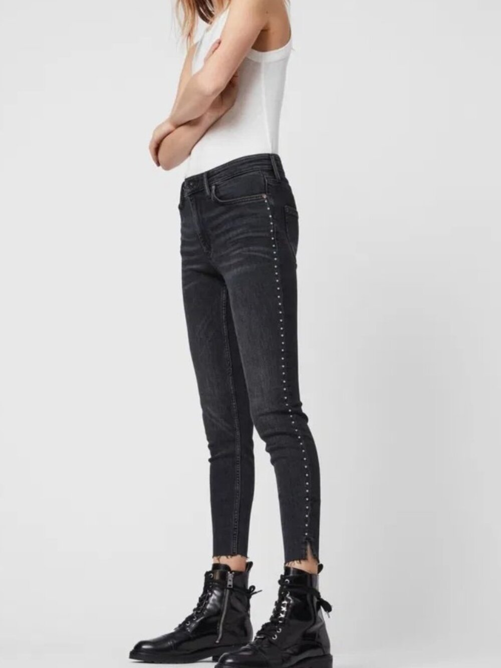 All Saints Dax Ministtud Studded Jeans Washed Faded Black Gray Womens 29 Biker